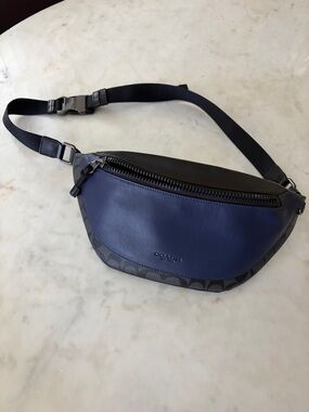 Coach Navy and Black Signature Leather Belt Bag with Coach Monogram Trim